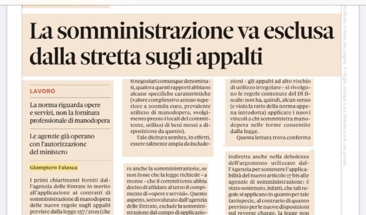 GiamFalasca's tweet photo. La somministrazione va esclusa dalla “stretta” sugli appalti: è urgente un intervento dell’Agenzia delle Entrate per fare chiarezza su una norma importante, nata per contrastare gli abusi che si celano dietro gli appalti illeciti (e non certo le agenzie per il lavoro regolari). https://t.co/SUN5RK41jf
