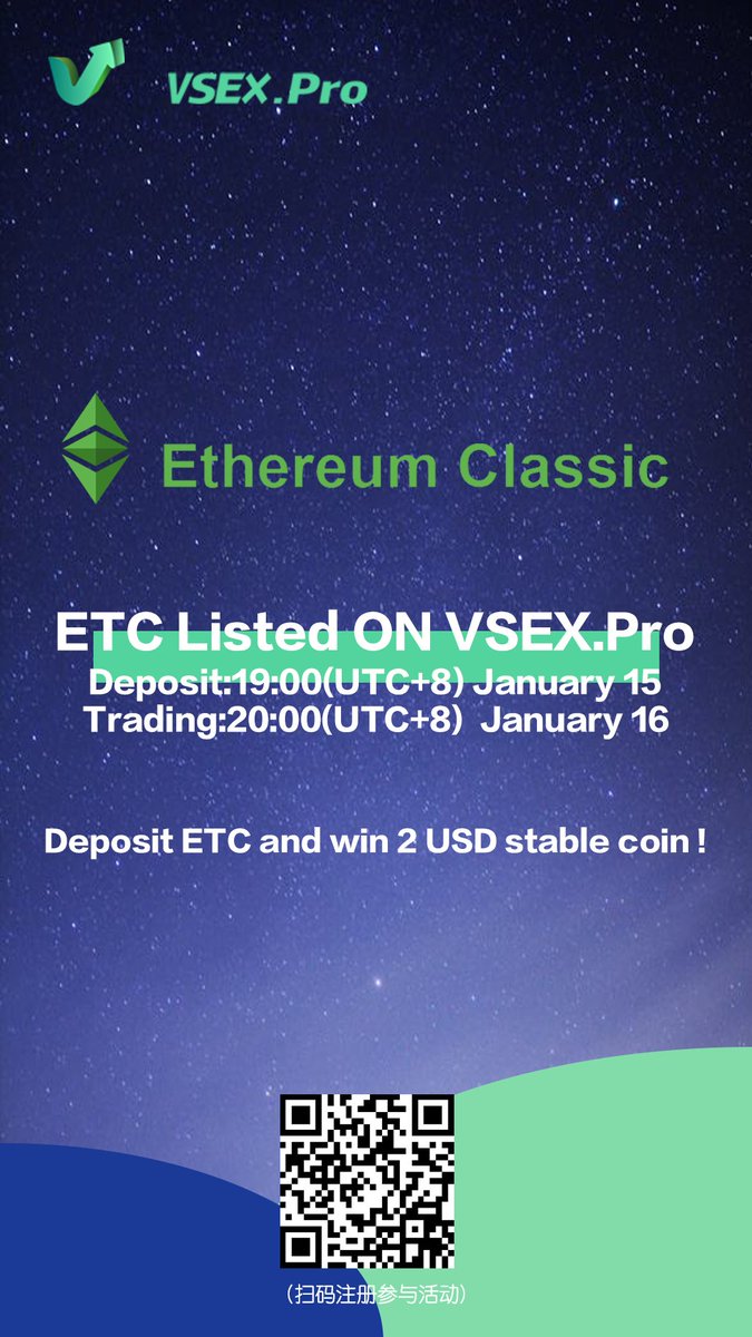 $ETC now listed on VSEX.Pro !@eth_classic
Get 10+2 $VUSD by
✅Register at vsex.pro/mobile/signup
✅Deposit $ETC
✅Be Happy and share the news !