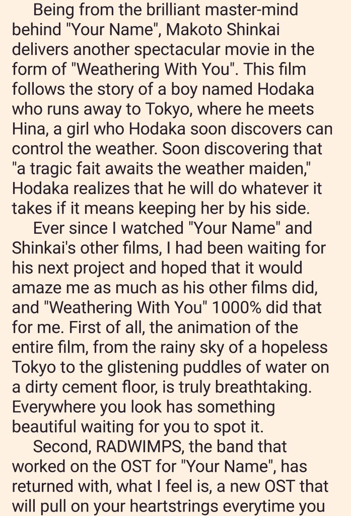 I wasn't going to review films but this deserves it:"Weathering With You" (11/10) @shinkaimakoto Thank you for making me cry so much