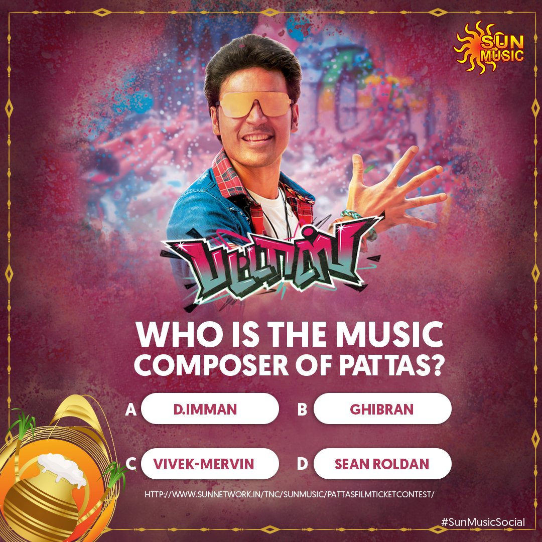 SunMusic's tweet photo. Take part in our contest and get a chance to win movie tickets for Pattas! 

#Pattas #Contest #Dhanush #SunMusic #SunMusicSocial https://t.co/Y9hLW1fGyP
