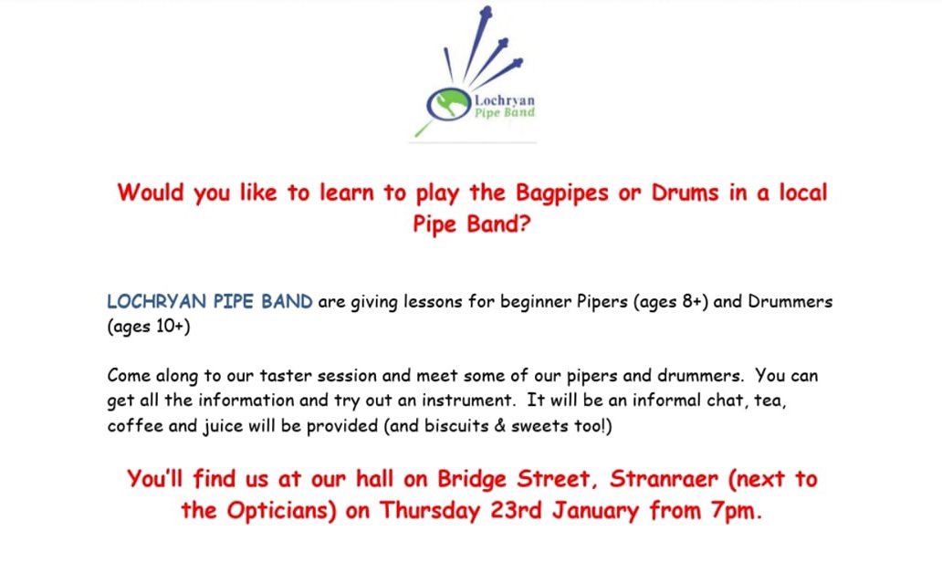 LochryanPB1932's tweet photo. *ATTENTION*
Calling all Pipe Band Fans!!

Here's your chance to join your local competing pipe band!

Join us on Thursday 23rd January for a taster session on the pipes or drums, or both!

Everyone welcome, new players, or former players.
#TeamLochryan2020
#TeamLochryan
🎼🎵🎶🥁 https://t.co/56Yd58F5Ql