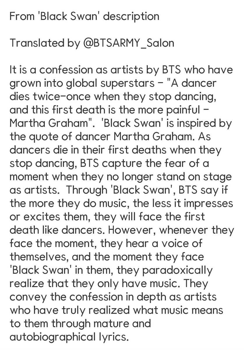 ᴀʀᴍʏ sᴀʟᴏɴ on Twitter: "[Trans] 'Black Swan' explanation from the album description #BlackSwanOutNow #MAP_OF_THE_SOUL_7 https://t.co/d5YQbxoI4i" / Twitter