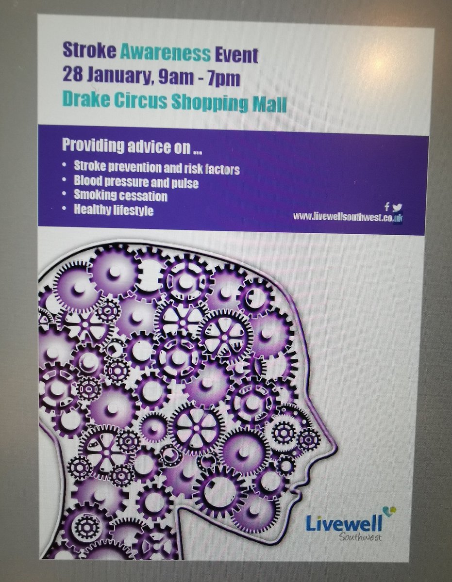 StrokeRehabPlym's tweet photo. Please come along to the Stroke Awareness event @drakecircusplym on 28th January, free blood pressure and pulse checks along with stroke prevention advice @livewellsw @StrokeAssocSW. @PHE_uk @JamieWaterall https://t.co/DEIF3msMv6