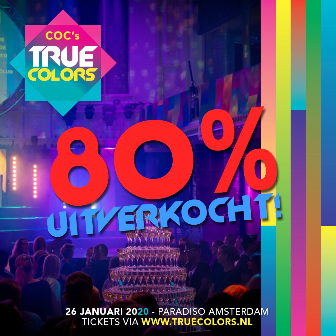 Heb jij al een kaartje gekocht? Snel zijn, 80% is namelijk al uitverkocht! Koop snel een van de laatste kaarten op truecolors.nl
.
 #LHBT #LHBTI #COCNLD #COCNederland #LGBT #LGBTQ #Nederland #Rights #Mensenrechten #HumanRights #Ticket #Paradiso #Amsterdam