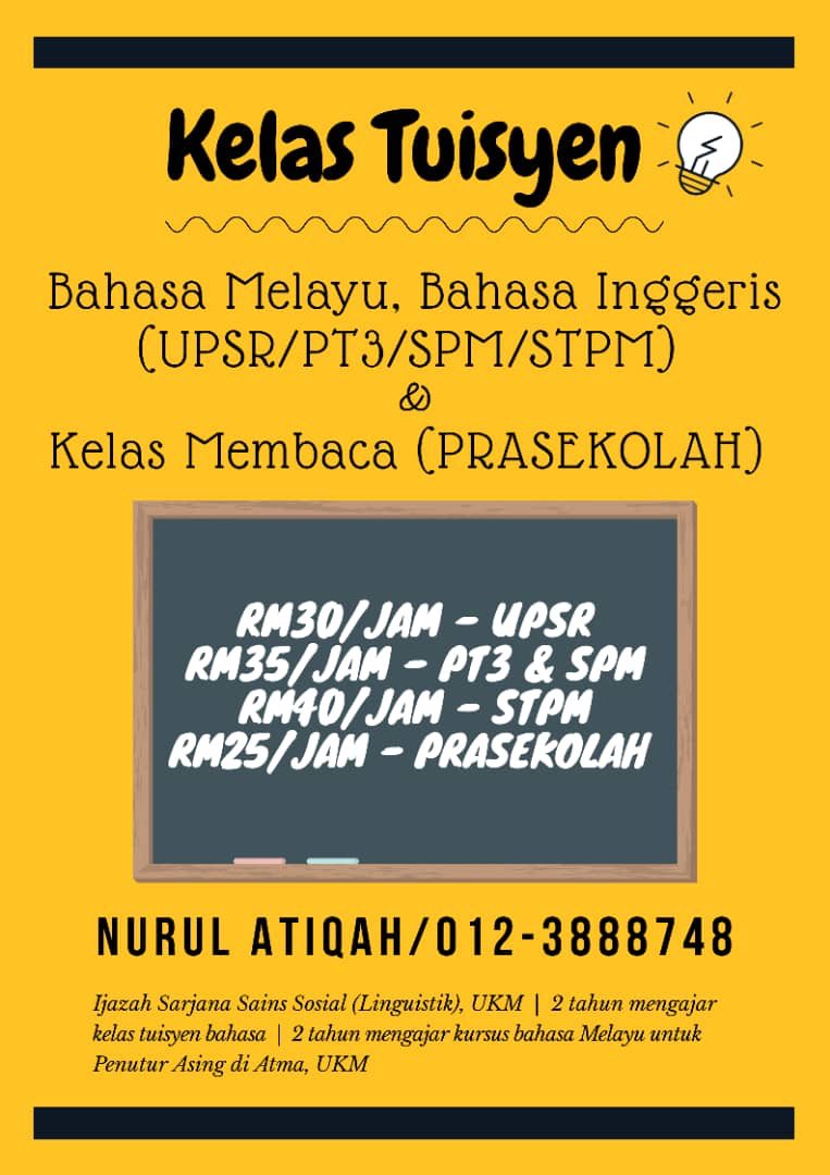 NAtiqahAzman's tweet photo. Kelas Tuisyen untuk mata pelajaran BM &amp; BI, semua pelajar sekolah rendah &amp; menengah. serta kelas membaca untuk pelajar prasekolah. Minta sebarkan, kawasan Rawang &amp; Selayang 🌻 Terima kasih! https://t.co/pju9Yvun2o