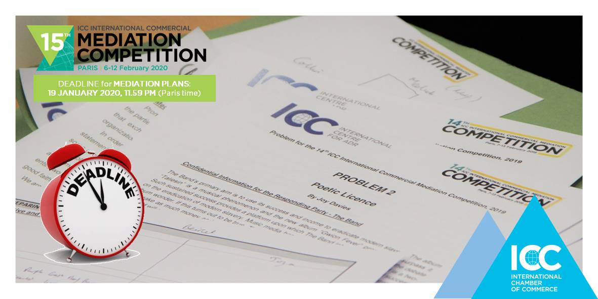 Teams participating in the ICC Mediation Competition: remember that the deadline to submit your mediation plans is this Sunday (midnight, Paris time)! #ICCMW