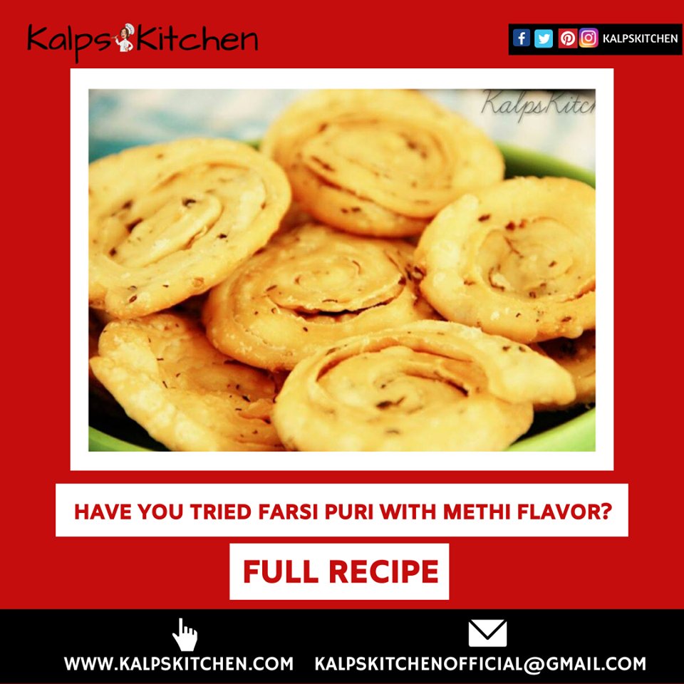 #FarsiPuri with #Methi Flavor – Step by step recipe

kalpskitchen.com/farsi-puri-met…

#kalpskitchen #vegrecipes #snack #vegsnack #tastyrecipes #AuthenticRecipe #Recipe #HomemadeSnack #GujratiFarsiPuri #IndianSnacks
