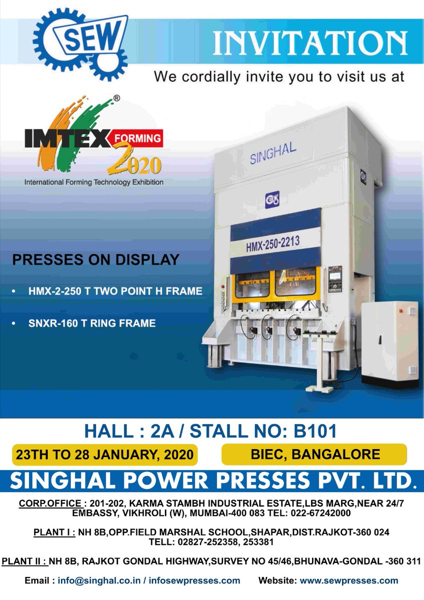 sewpress's tweet photo. Visit us @IMTEX2020 in Bangalore during 23-28 Jan 2020
Experience demonstration of HMX-2-250 T #LinkMotion #HFrame & SNXR-160 T #RingFrame Power Presses, We look forward to your visit us at Hall 2A, Stall B-101
#SEWPress #Stamping #PowerPresses https://t.co/IJH7lrcuUA
