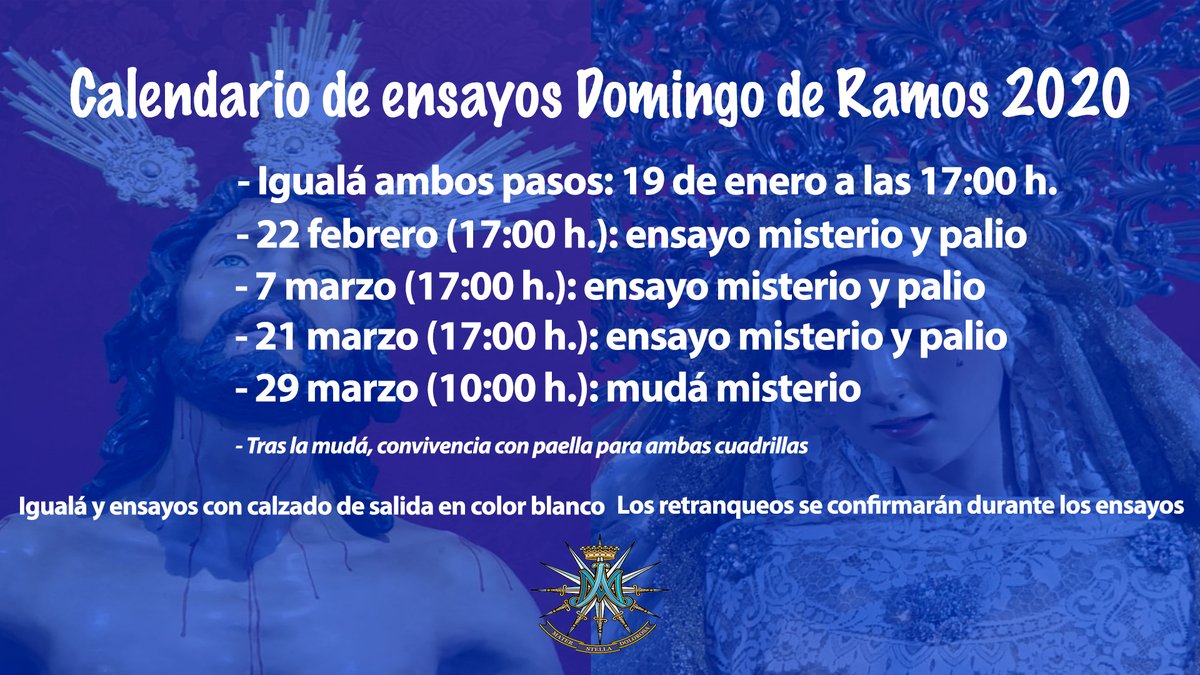 🚨 MODIFICACIONES EN LOS ENSAYOS:

▪️Los tres ensayos de ambos pasos se harán de manera conjunta.
▪️La mudá del misterio pasará a la mañana del 29 de marzo. A su finalización se realizará una convivencia de ambas cuadrillas.
