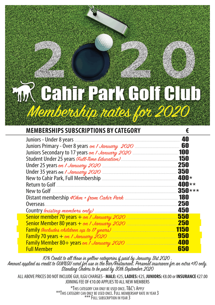 GolfCahir's tweet photo. Do you want to get 10% off your membership 🚨🚨
Pay in full by 31st January and items in yellow below you get 10% off! 
🌍 distance members - over 40km. ONLY €180!! 🥵
🧐 new to Cahir Park - €400 for full membership!! 😎 https://t.co/mQZYip2EAd
