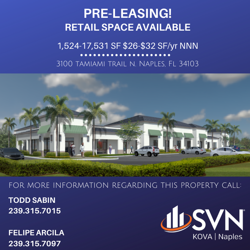 SVNKOVACRE's tweet photo. Just Listed! Pre-leasing retail space available. Prime Naples location! Call Todd Sabin 239.315.7015 or Felipe Arcila 239.315.7097 for more information.

#preleasing #preconstruction #naplesflorida #CRE #commercialrealestate #retail #forlease https://t.co/m70zq3TYnq