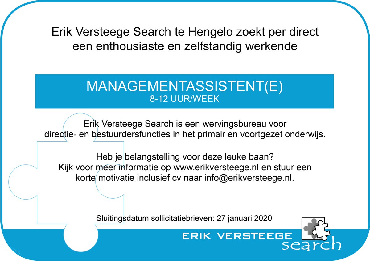 ErikVersteege's tweet image. Erik Versteege Search te Hengelo zoekt per direct een enthousiaste en zelfstandig werkende

MANAGEMENTASSISTENT(E) 8-12 uur/week

erikversteege.nl

#werk #vacature #managementassistente #erikversteegesearch #thuiswerk #onderwijs #officemanager