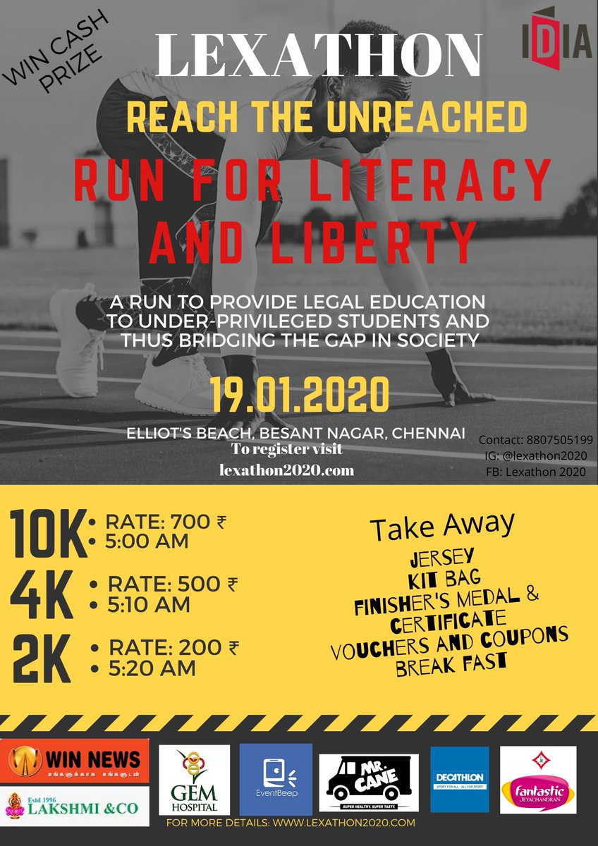 IDIALaw's tweet photo. #IDIA #TamilNadu Chapter is hosting a #marathon (#LEXATHON) with the motto “Reach the Unreached”, for raising funds. The marathon is scheduled on January 19, 2020 (Sunday) and the race is programmed to begin at 5 am from Olcott Memorial High School, Besant Nagar #Chennai. 1/3 https://t.co/ysW4qEFVqy