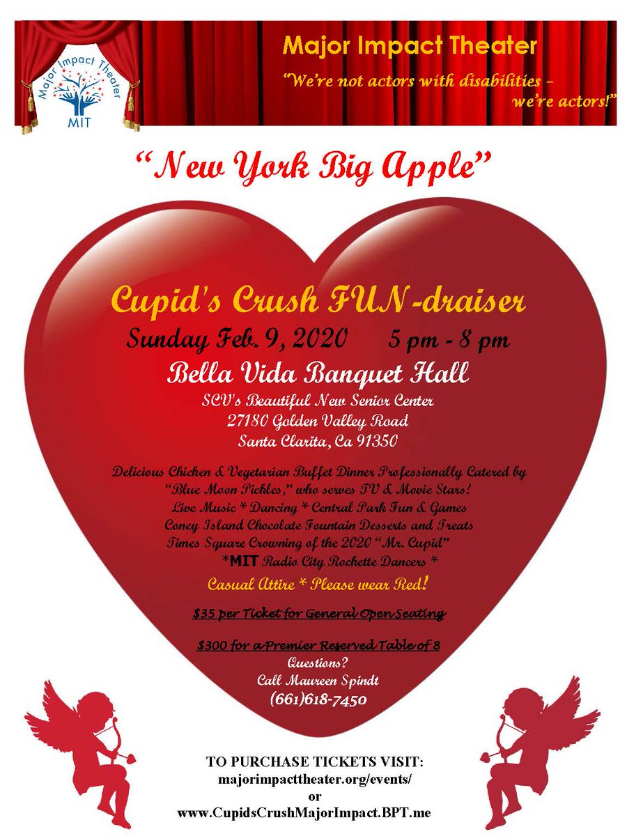 MpactTheater's tweet photo. Loves is in the air!! ❤️🥰 MIT's 3rd Annual Cupids Crush Fun-draiser is just around the corner!! Join us February 9th 2020! @SCVSeniorCenter @santaclarita You won't want to miss this! Get your tickets!!
https://t.co/174HUSEjJt #love #santaclarita #ValentinesDay #scv #cupid #crush https://t.co/pLb2NWhnVX