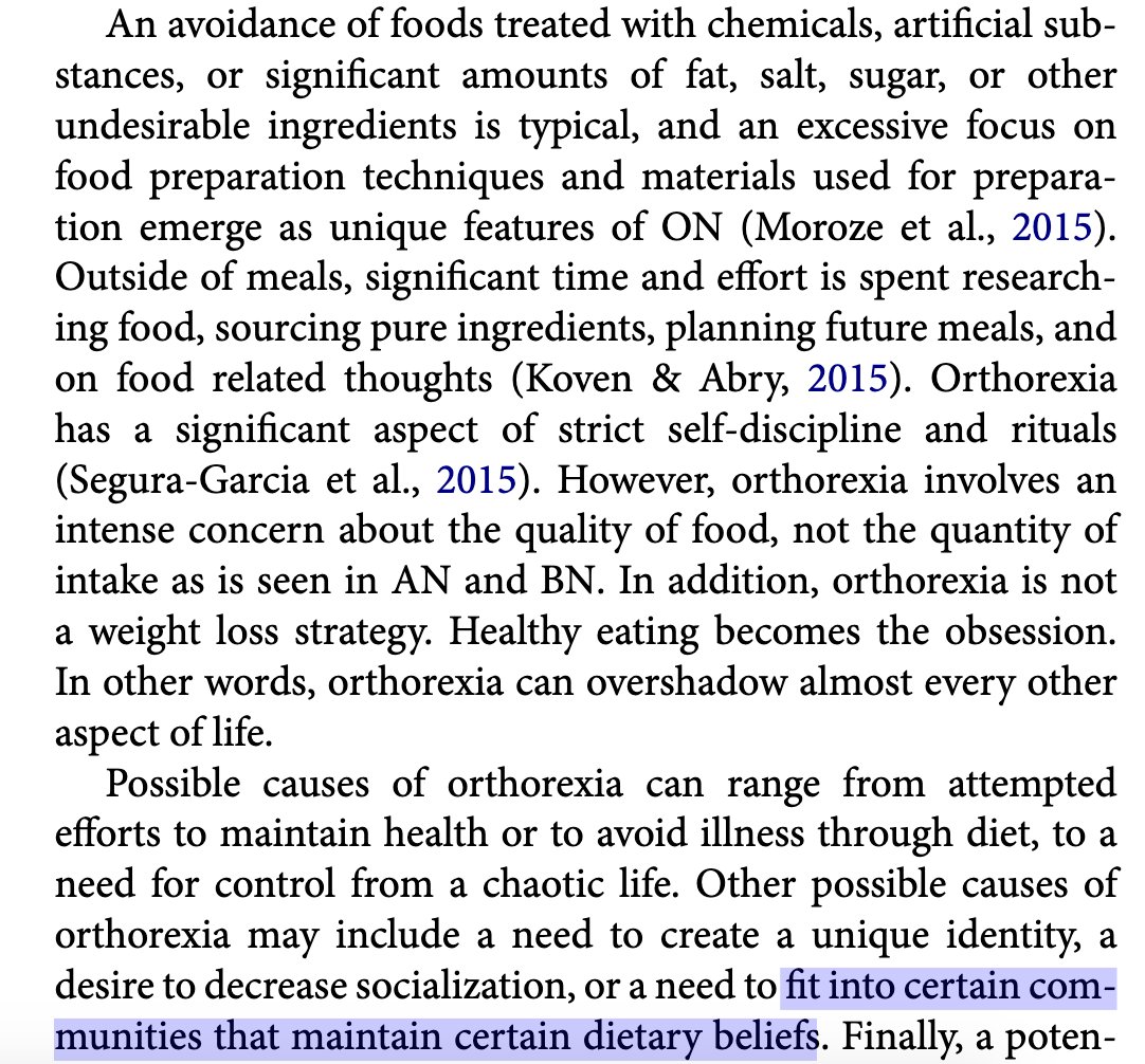 Del deseo de pertenencia a un grupo, a la obsesión por los alimentos saludables, al pánico a todo alimento no saludable, al trastorno de la conducta alimentaria ncbi.nlm.nih.gov/pubmed/29215937 de lo razonable y saludable, al delirio profesional y daño a pacientes.