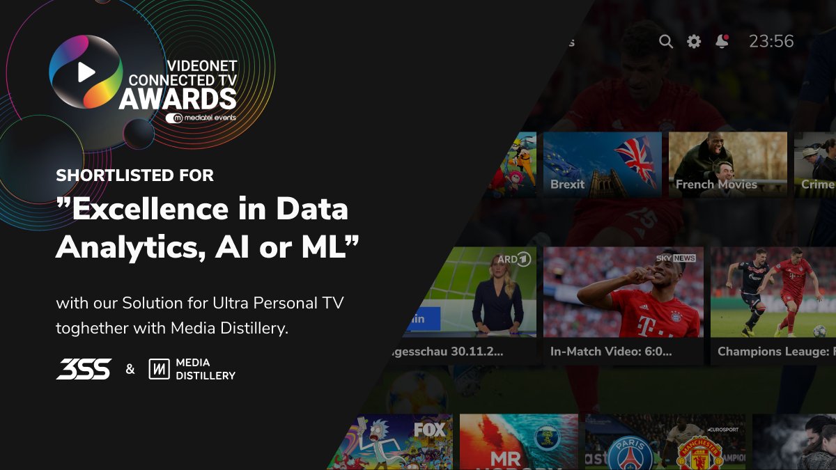 3ScreenSolution's tweet photo. We are thrilled to be shortlisted for the 2020 @VideonetNews #ConnectedTVAwards together with @MediaDistillery! 🏆 Our joint solution enables the next level of personalized content discovery! ➡️ Learn more: https://t.co/qwXhM07rrx
#MachineLearning #AI #3READY @MediatelNews https://t.co/XnkXZOMhaH