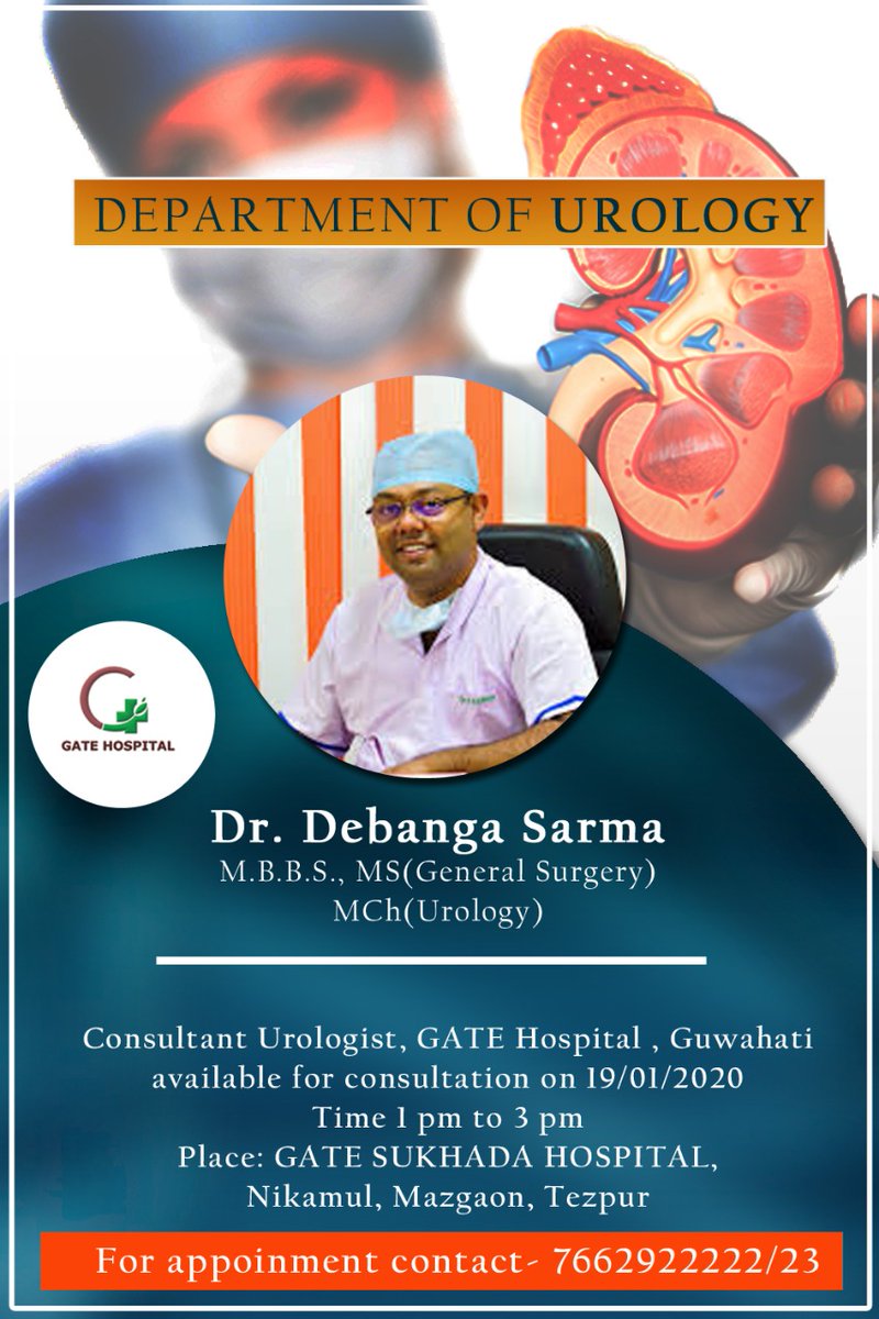 GateHospital's tweet photo. Dr Debanga Sarma, Urologist at GATE Hospital Guwahati, will be available for Consultation on Sunday, at GATE SUKHADA Multispeciality Hospital, Mazgaon Tezpur. Time: 11:00 AM - 5:00 PM..
For appointments, please contact GATE SUKHADA, Phone #+917662922223 / +917662922222 https://t.co/DlLwSTilSo