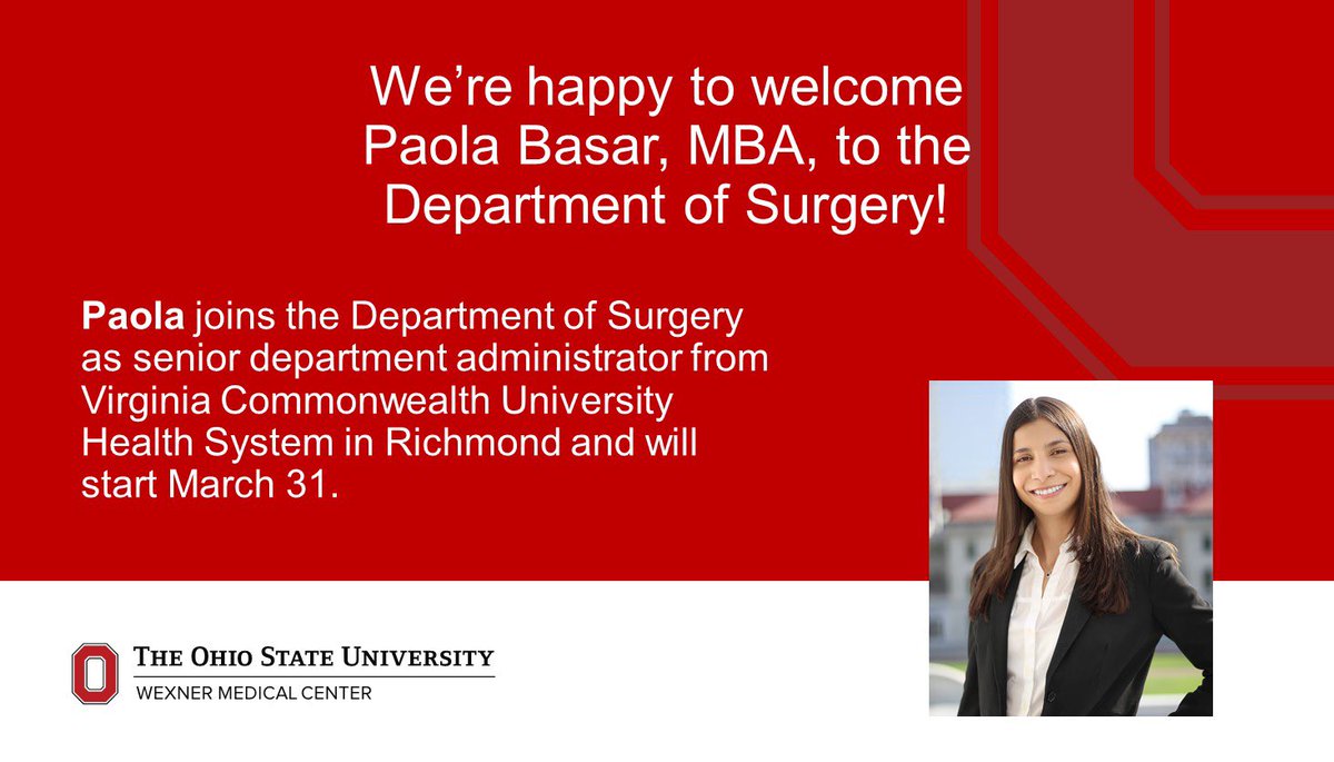 timpawlik's tweet photo. Following a national search, I am thrilled to announce @PaolaBasar will join @OSUSurgery @OSUWexMed as senior department administrator! Paola comes from @VCUHealth where she had served as the senior administrator for #VCUSurgery. Welcome to #buckeyenation!! https://t.co/vXqNsj30Lk