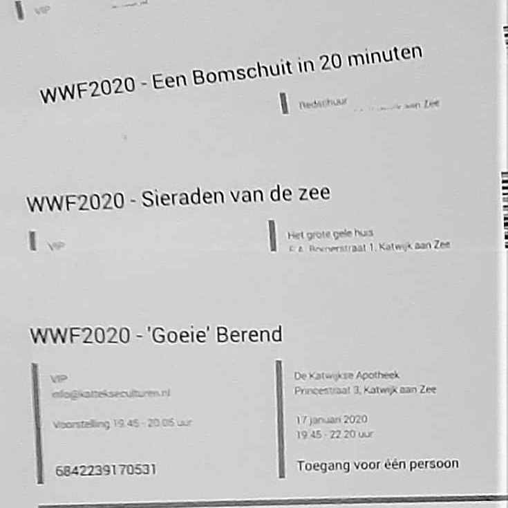 Er is nog een aantal kaartjes voor 'Goeie Berend' in De Katwijkse Apotheek en 'Kattekse Praet' in Koffie en Wijn van Goud. Wie geïnteresseerd is, kan die vanaf 19.15 afhalen bij het WWF-infopunt op de hoek Voorstraat-Princestraat. Op = op
#warmwinterfest #katwijk #katwijkaanzee