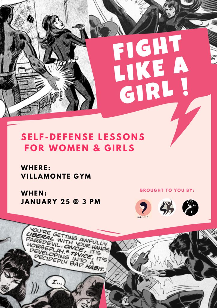 SheHerIProject's tweet photo. Then join us at FIGHT LIKE A GIRL, a free self-defense class for women and girls! Taught by Survival Arts Academy
Date: Saturday, January 25
Time: 2:30 PM (register)
Place: Villamonte Gym
Wear black! See you there ❤ https://t.co/pqJ6xRDEnT