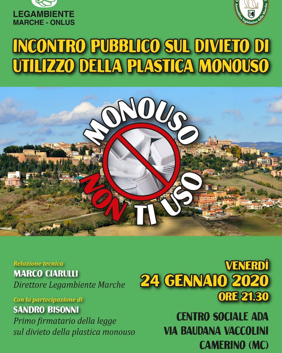 ☞VENERDÌ 24 GENNAIO 2020 - Camerino (MC) ☜
Evento informativo sulla strategia "plastic free", verso un'economia circolare ♻

L'incontro è pubblico e aperto alla cittadinanza.