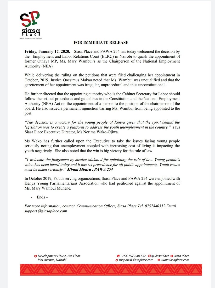 Young people petitioned the decision to appoint Ms. Wambui Munene. Today Justice Makau agreed she is unqualified and process irregular. We took her to court AND WE WON!! UNEMPLOYMENT IS AN ISSUE, remove incompetence