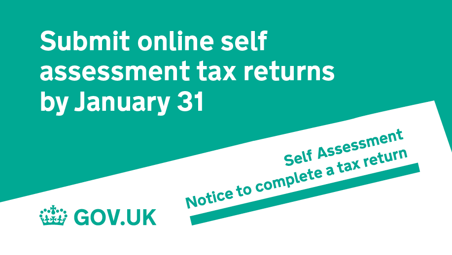 Outline of a green Self Assessment Notice to complete a tax return. Text reads,'Submit online self assessment tax returns by January 31'. 