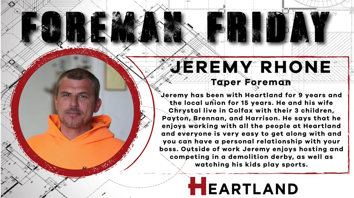 WeAreHRTLND's tweet photo. Here at Heartland we have the best foremen in the business, and we want to celebrate them! Keep an eye out every Friday as we highlight our elite team of foremen. This week, get to know Jeremy Rhone!  #FieldFirst #ForemanFriday #WeAreHRTLND https://t.co/0q1KZfF2eO
