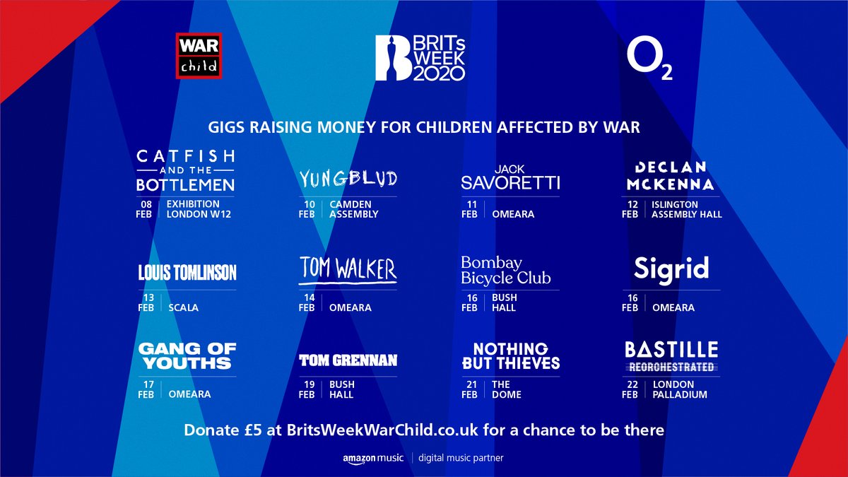 BRITs's tweet image. 🎶 @WarChildUK #BRITsWeek is back! 🎶 

This year there&apos;s performances from @Louis_Tomlinson, @bastilledan, @Iamtomwalker, @thisissigrid and so many more amazing artists! 🎉

For more info on the prize draw and tickets head to: britsweekwarchild.co.uk