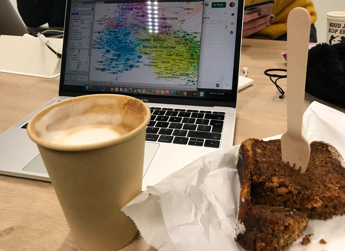 emilycoupland's tweet photo. Last day of #dmi20 data sprint... coffee, cake and Gephi. ☕️ 🍰 💻 Not neccessarily in that order. https://t.co/ioowxczqy3