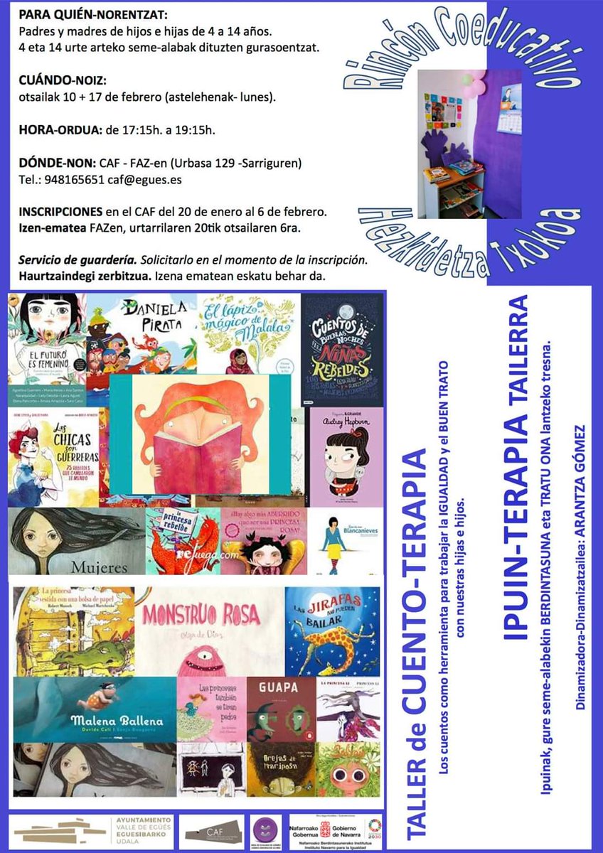 📚📚 TALLER DE CUENTO-TERAPIA | IPUIN-TERAPIA TAILERRA 

Los cuentos como herramienta para trabajar la IGUALDAD y el BUEN TRATO con nuestras hijas e hijos. Ipuinak, gure seme-alabekin BERDINTASUNA eta TRATU ONA lantzeko tresna.

👉 Dinamizadora-Dinamizatzailea: ARANTZA GÓMEZ.