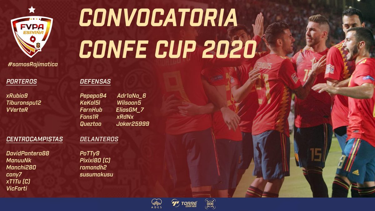 Selección FVPA Spain (@sefvpapc) on Twitter photo 📺 Os presentamos la lista que han confeccionado @Pixixi80eSports y <a href="/xT1Tu/">xT1Tu</a> para la Copa Confederaciones. ¡Mucha suerte a nuestros chicos!
Y siempre con la colaboración de #ades <a href="/torrewear/">Torré Wear ®</a> y <a href="/stockdrones/">Canarias-Stock.es</a>
¡Juntos volaremos alto! 📺 Os presentamos la lista que han confeccionado @Pixixi80eSports y <a href="/xT1Tu/">xT1Tu</a> para la Copa Confederaciones. ¡Mucha suerte a nuestros chicos!
Y siempre con la colaboración de #ades <a href="/torrewear/">Torré Wear ®</a> y <a href="/stockdrones/">Canarias-Stock.es</a>
¡Juntos volaremos alto!