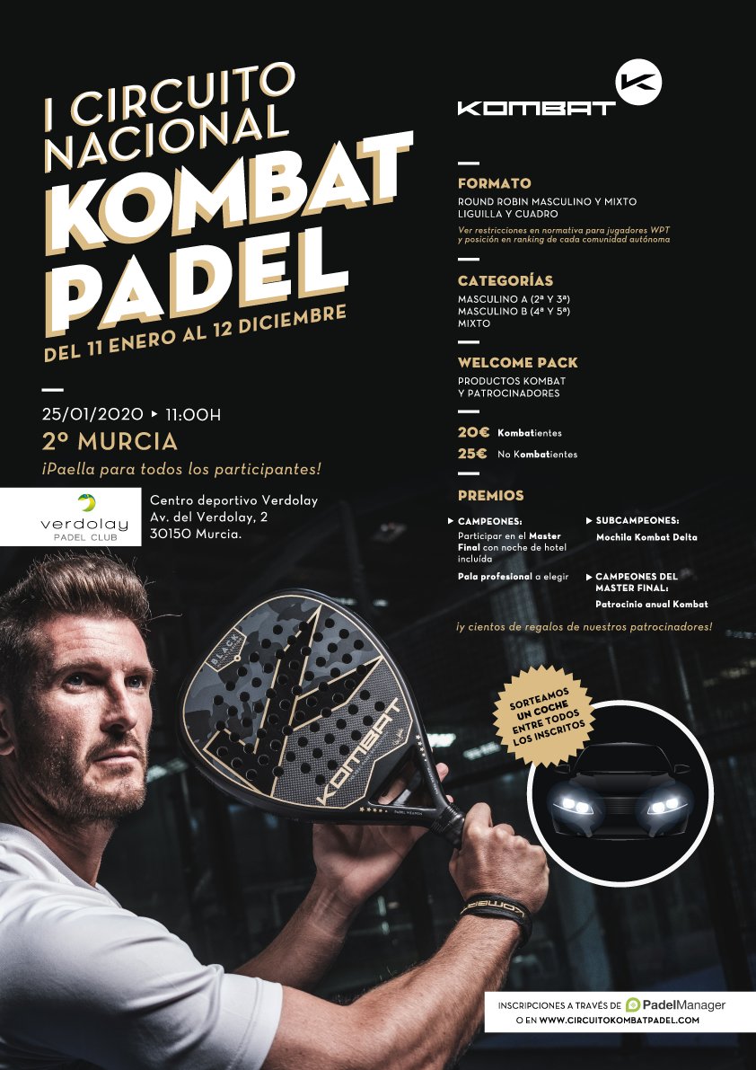kombatpadel's tweet image. ¡El 25 de enero a las 11:00h será la 2ª prueba del I Circuito Nacional Kombat en @CDVerdolay en #Murcia!🙌 ¡Por participar entrarás en el sorteo de un coche! 🚗Con sorteos, welcome pack... ¡y paella para los participantes! 
👉Inscripciones: circuitokombatpadel.com o @PadelManager