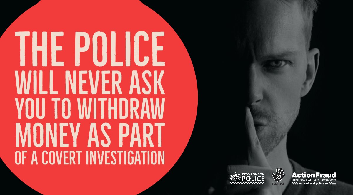 |￣￣￣￣￣￣￣ |
|       A POLICE       |
|        OFFICER        |
|     WILL NEVER    |
|       ASK YOU        |
|  TO WITHDRAW  |
|        MONEY          |
| ＿＿＿＿＿______|
(\__/) ||
(•ㅅ•)||
/ 　 づ

Don't let your family and friends fall for this scam.

#CourierFraud