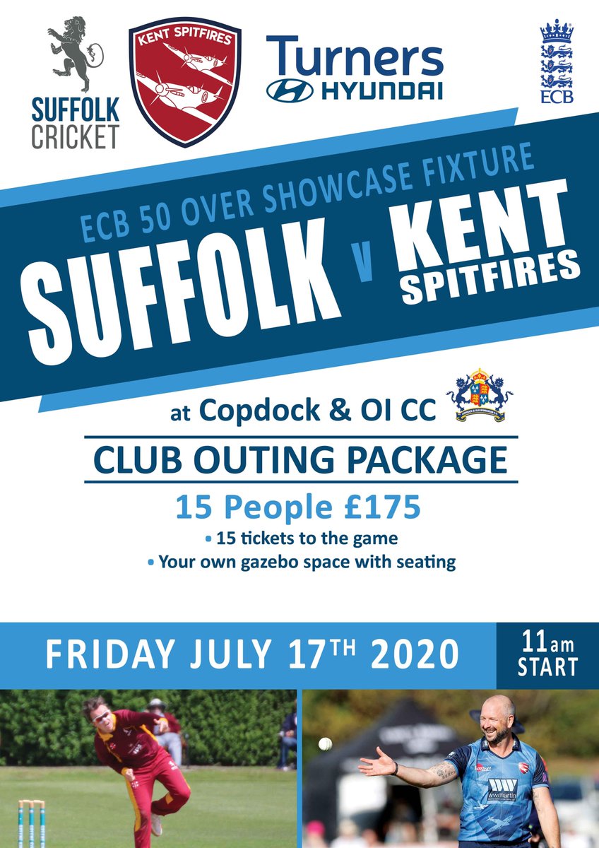 suffolkcricket's tweet image. 🚨Calling all Suffolk Clubs🚨

Spend the day at the @suffolk_ccc v @KentCricket with your team mates with our Club Package! LIMITED AVAILABILITY

✍️ booking.ecb.co.uk/d/nhqhtn
📅 Friday 17th July
📍 @CopdockOlCC 

🦁#forthelion
