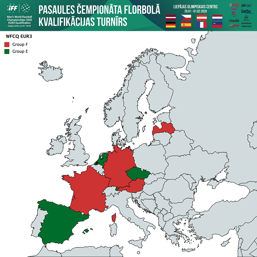 Men's National Teams from Czech Republic, Spain, Netherlands, Liechtenstein, Germany, Austria, France and Latvia will compete in the #wfcq2020 EUR 3 tournament in #Liepaja. #florbols #floorball