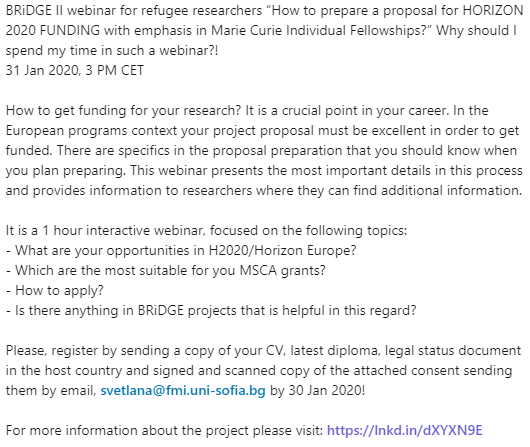 projects_bridge's tweet photo. BRiDGE II webinar for refugee researchers “How to prepare a proposal for HORIZON 2020 FUNDING with emphasis in Marie Curie Individual Fellowships?” Why should I spend my time in such a webinar?!
31 Jan 2020, 3 PM CET https://t.co/hGOEXeiCWr