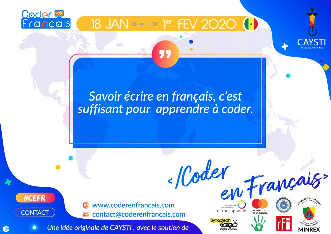 lambayecenter's tweet photo. The "Coder in French" competition will be held from January 18 to February 1, 2020 at the @lambayecenter
The program brings together 50 students from the CEM of #Lambaye, including 29 girls who will be trained and supervised in 5 days on coding.
#CEFR
#CoderEnFrancais https://t.co/VfokQD20wy