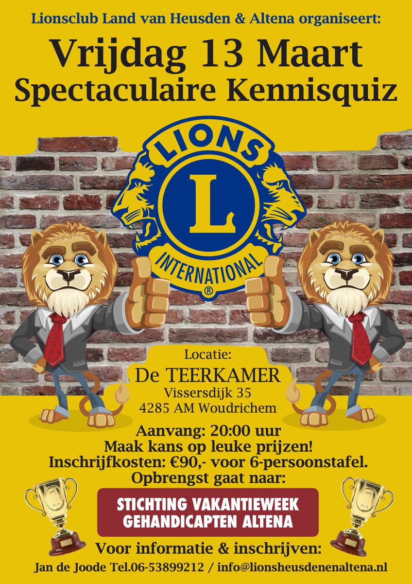 Door het succes van vorig jaar, organiseren we opnieuw een KennisQuiz. Heb je interesse met een team mee te doen, meld je dan gauw aan. We hebben in totaal 15 tafels beschikbaar. Alle gegevens staan in bijgaande flyer vermeld. Aanmelden kan via de website. Tot ziens!