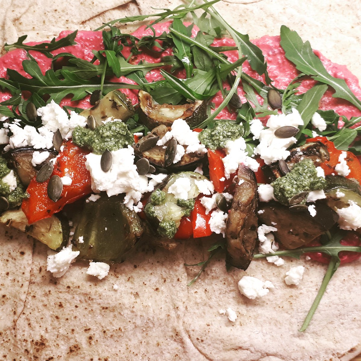 thattheredeli's tweet photo. Today's special - warm flatbread topped with beetroot hummus, rocket, feta, roasted peopers, courgettes &amp; aubergine (violife vegan 'feta' available - just ask!) 

#violifecheese 
#vegansheffield 
#vegetariansheffield 
#abbeydaleroad 
#netheredge https://t.co/8hfogripaK