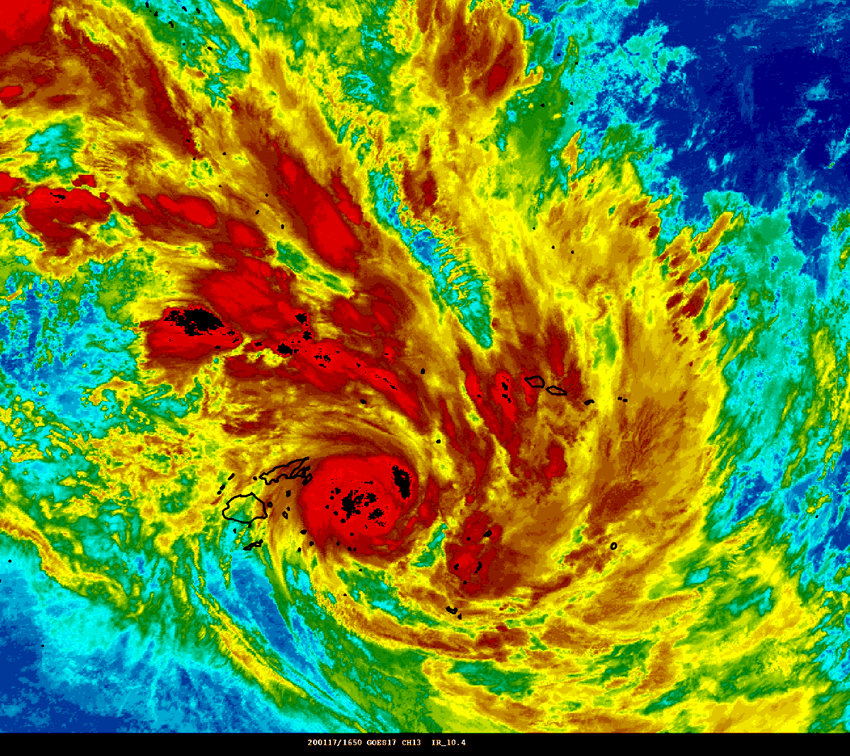 NWSOPC's tweet photo. 1650 UTC GOES-17 enhanced infrared satellite view of #TropicalCycloneTino (#08P) near #Fiji, along w/the latest graphical advisory from the Joint Typhoon Warning Center (JTWC).
For additional info on T.C. #Tino, visit JTWC's website at, https://t.co/77AznHtvWC https://t.co/GY7WdUAhVC