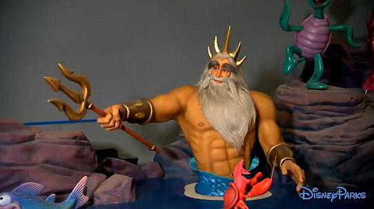 The Little Mermaid introduced the next shirtless hero, King Triton, who actually got the nipple treatment in the films, and has managed to keep hold of them in all his costumed character interpretations both parade & ice. Including his stint as an animatronic & certain statues!