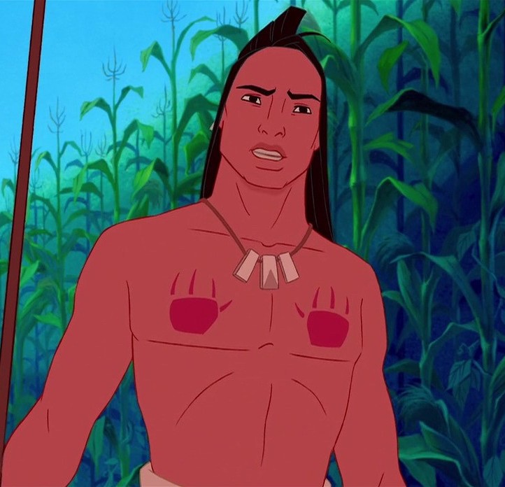 Pocahontas tried to throw us off our tracks by giving Kocum some paw prints on his chest, but you aren't fooling anyone with those bad boys. Bear paws aren't nipples.In the parks, when the tribe appears in HS Fantasmic, they are all fully clothed.