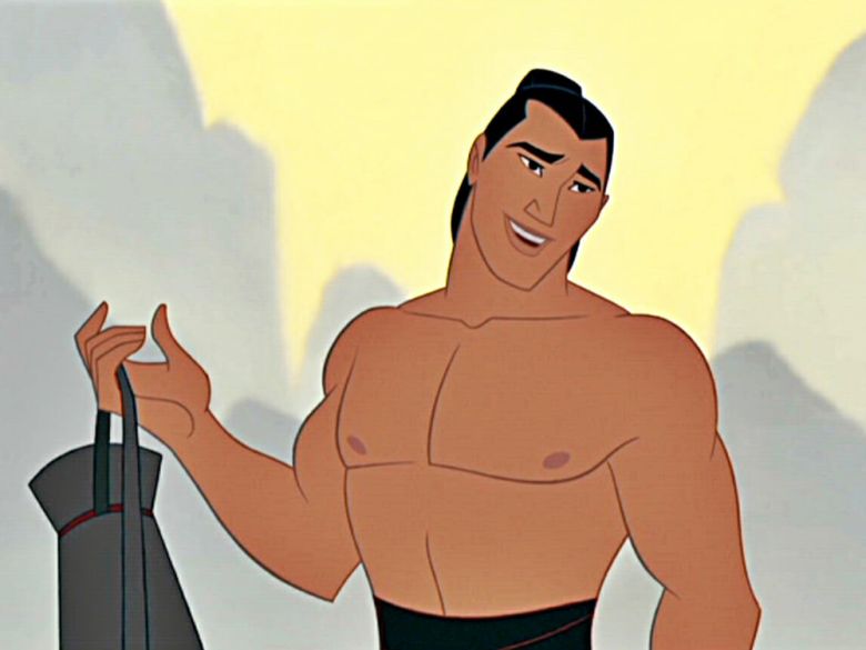 Next is Mulan, where nipples become a pretty major plot point. You can't go about a story where a female character is hiding herself around a bunch of androgynous dudes, so male nipples here were an absolute must. Li Shang's appearances in parks however are usually fully armored.