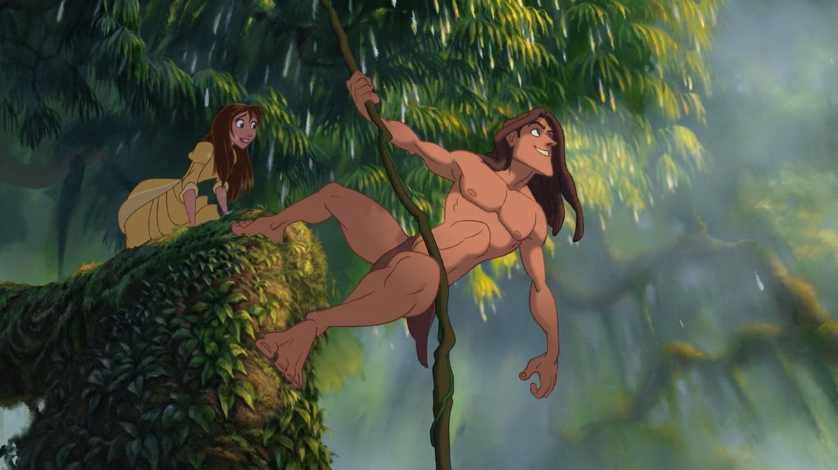 Finally comes Tarzan, where our hero is fully nipped up from the get go and in the Parks, Disney does absolutely nothing to hold back from this. They go full on nearly nude muscly dude, yet recently he's been seen wearing a sort of vine sash to cover him up.