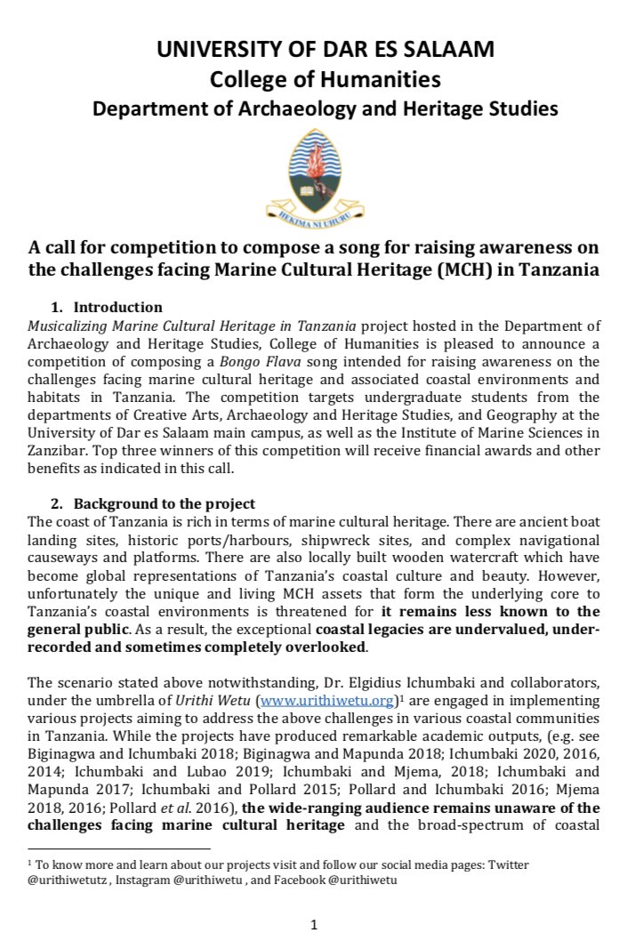 urithiwetutz's tweet photo. We have opportunity for #undergraduate #students at UDSM’s @Archaeo_UDSM , #Creativearts & #marinesciences. Talented students are invited to @chemical_tz to #Musicalize #Heritage & #Heritage #Music supported by @rftdnetwork @DrJonCHenderson @dickybates2 @EJDPollard @Friday_Face https://t.co/5maZXvtOV8