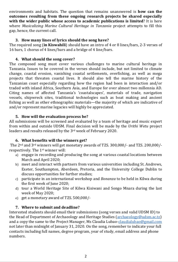 urithiwetutz's tweet photo. We have opportunity for #undergraduate #students at UDSM’s @Archaeo_UDSM , #Creativearts & #marinesciences. Talented students are invited to @chemical_tz to #Musicalize #Heritage & #Heritage #Music supported by @rftdnetwork @DrJonCHenderson @dickybates2 @EJDPollard @Friday_Face https://t.co/5maZXvtOV8