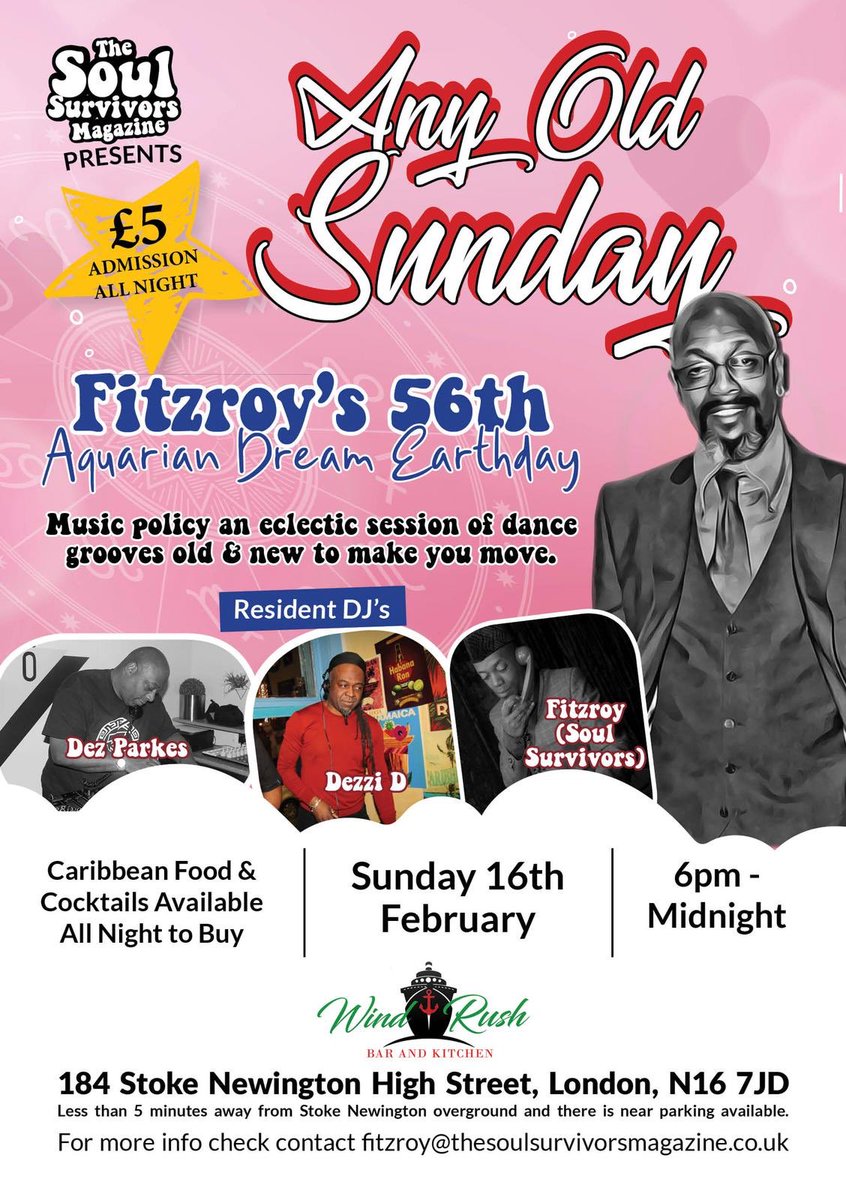 WindrushBar's tweet image. Feb 16th Feb... Any Old Sunday returns from 6pm - 12midnight. Admission £5 all night🎉 join us for amazing music, tasty food and delicious drinks. 

Oh yes... it’s Fitzroy’s £56th birthday...  it’s gonna be a busy one! #anyoldsunday #funkandsoul