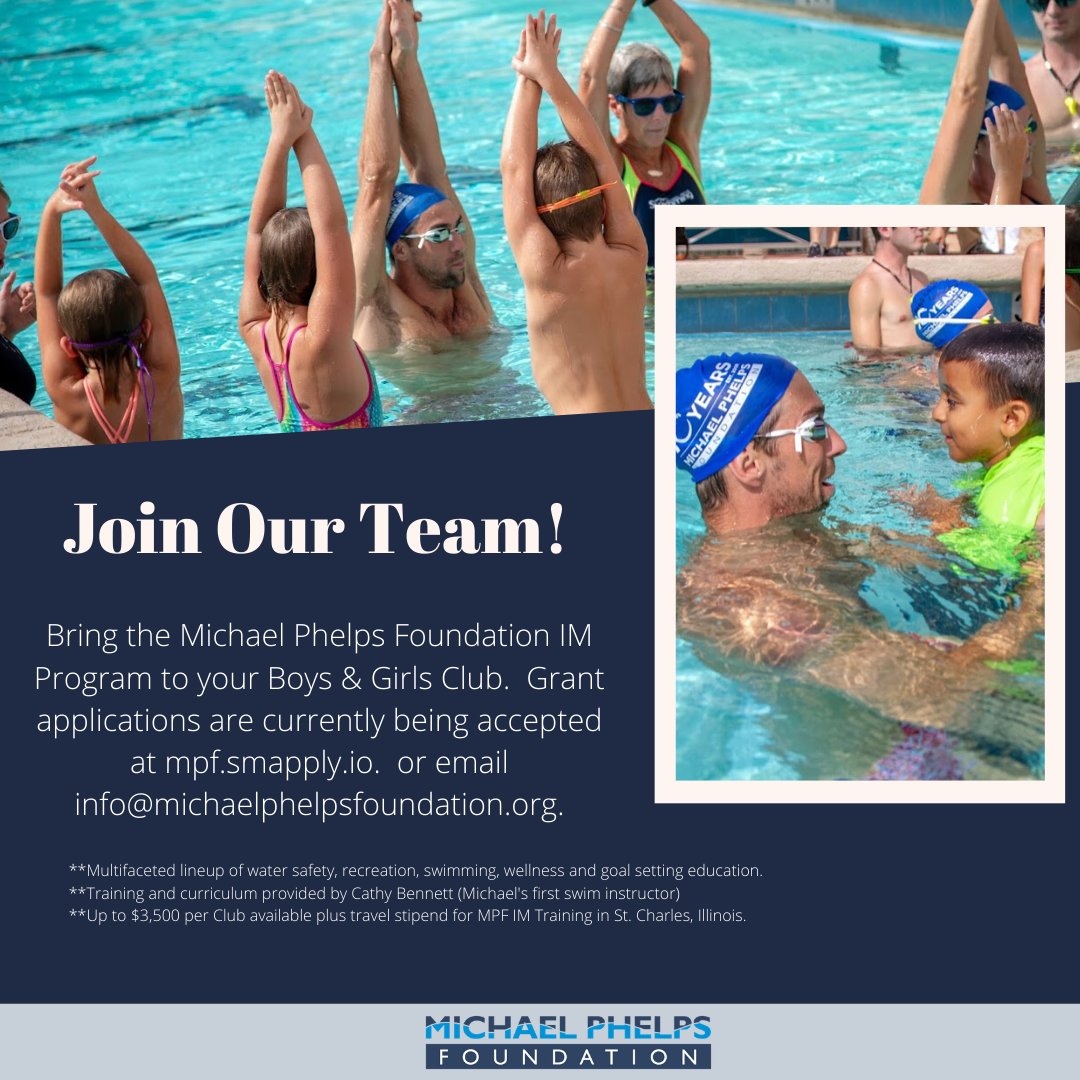 MPFoundation's tweet photo. Join the Michael Phelps Foundation team! Grants are currently open for @BGCA_Clubs to apply to bring the IM program to their clubs. Applications are available at https://t.co/TzMdnCGPv6 through January 31, 2020.
#mpfoundation #improgram #bgca #swimgrants https://t.co/jP7URvoFxc