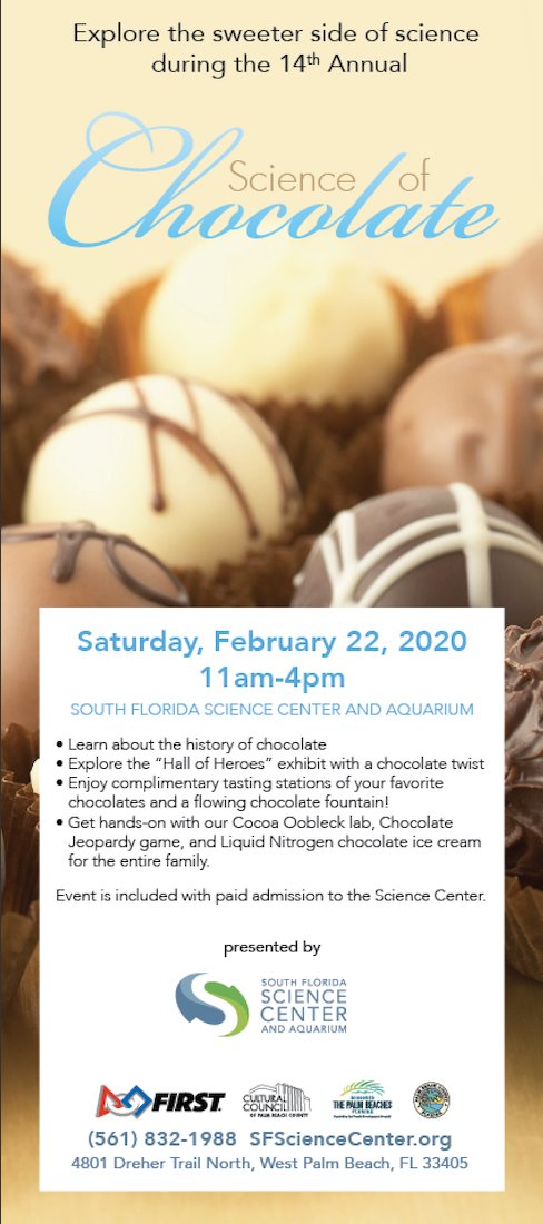 CoxSci's tweet photo. Explore the Sweeter side of science during the 14th Annual #ScienceOfChocolate on February 22! Enjoy complimentary tastings, chocolate jeopardy, Cocoa Oobleck lab and more tasty activities. RSVP: https://t.co/cx3hOnDzRm https://t.co/PUSjVb6YQ3